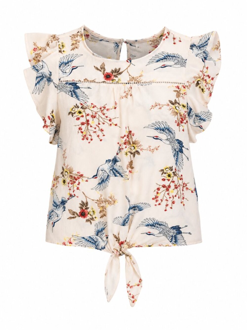 Bird Print Flutter Sleeve Tie-Front Blouse